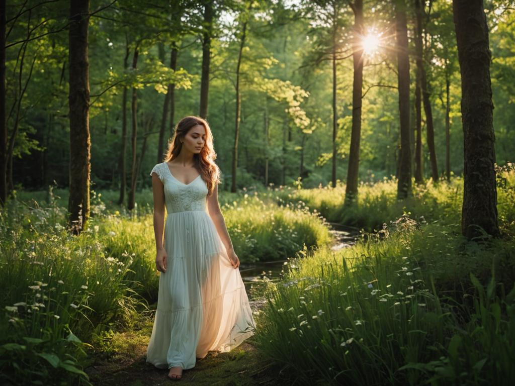 Contemplative Woman in Serene Woodland