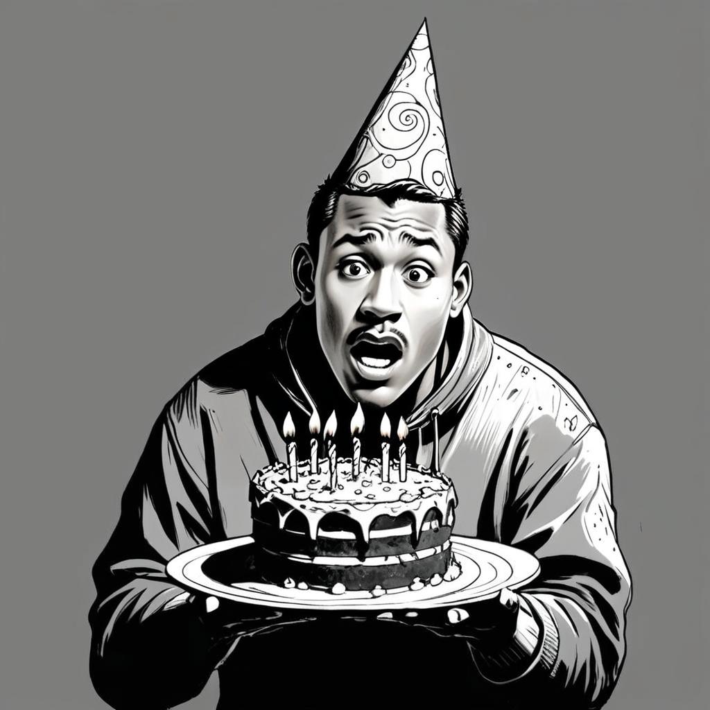 Black and White Comic Style Man Holding Birthday Cake with Party Hat