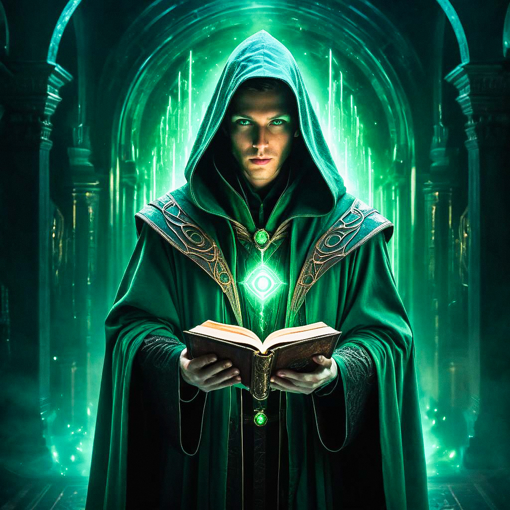 Mysterious Figure in Green Robe with Enchanting Glow