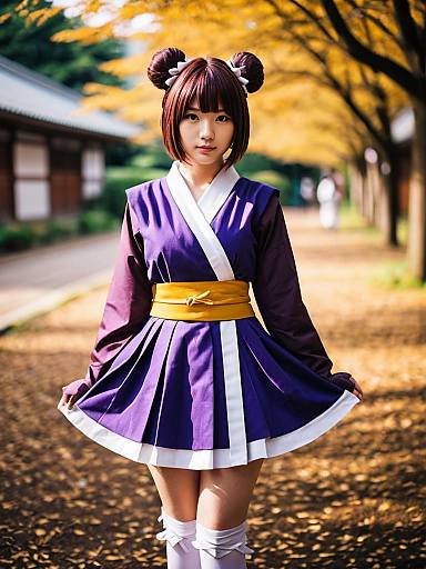 Munakata Atsumi in Purple Traditional Outfit with Autumn Ginkgo Background