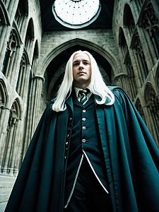 Man in Lucius Malfoy Harry Potter Cosplay Costume Dramatic Low Angle