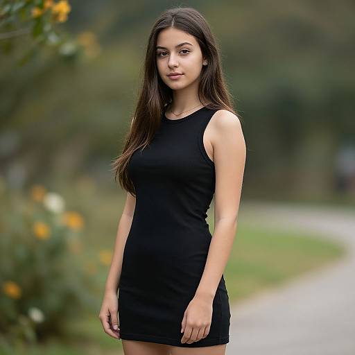 Young Woman in Black Sleeveless Dress Outdoor Portrait