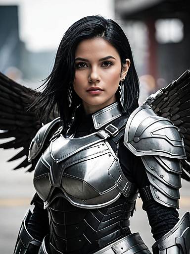 Battle Angel Alita Costume Woman in Silver Armor with Black Wings