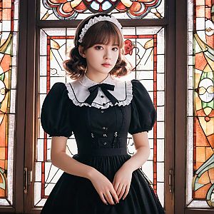 Young Woman in Classic Maid Outfit by Stained Glass Window