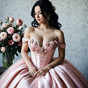 Elegant Woman in Blush Pink Ball Gown