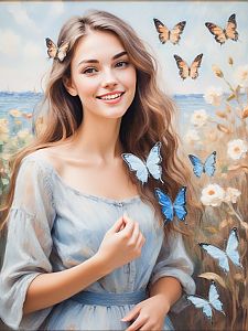 Smiling Woman in Flower-Filled Landscape with Butterflies