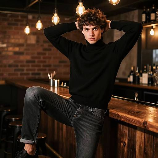 Stylish Young Man in Black Turtleneck at Rustic Bar - Gen Z Fashion