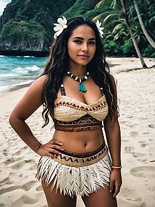 Woman in Moana-Inspired Tropical Costume on Beach