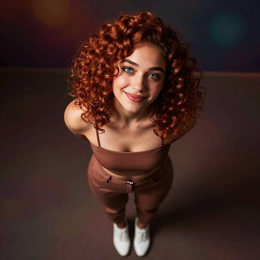 Stylish Young Woman with Curly Red Hair and Heterochromia Standing in Brown Outfit