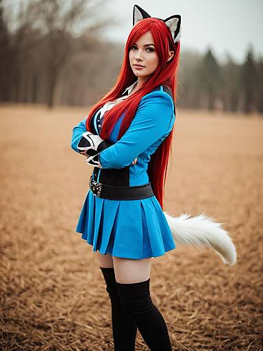 Realistic Cosplay Woman with Red Hair in Blue Outfit and Cat Ears