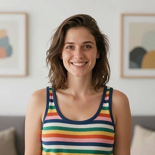 Portrait of Smiling Young Woman in Colorful Striped Tank Top
