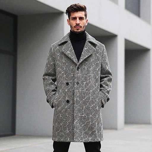 Modern Geometric Pattern Coat on Fashionable Young Man in Urban Setting