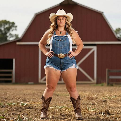 Plus Size Cowgirl Woman in Denim Overall Shorts and Cowboy Hat Posing Outdoors