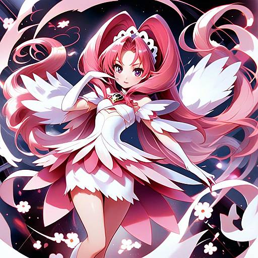 Akagi Towa Anime Woman in White and Pink Feather Dress with Pink Hair