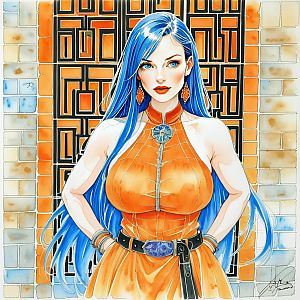 Confident Woman with Blue Hair in Orange Dress