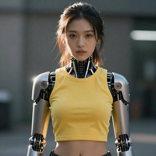 Futuristic Woman Robot Hybrid Wearing Yellow Crop Top