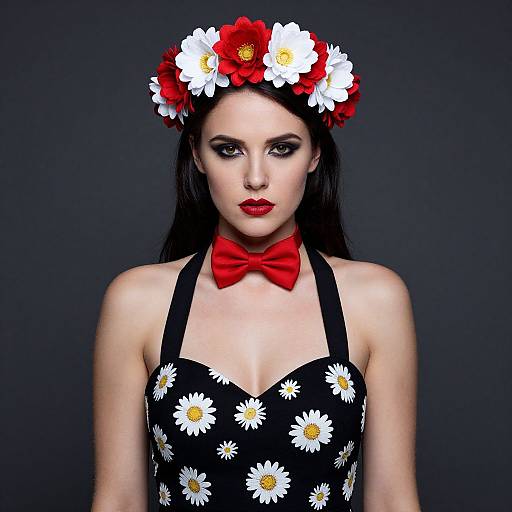 Woman in Daisy Dress with Red Bow Tie and Floral Crown