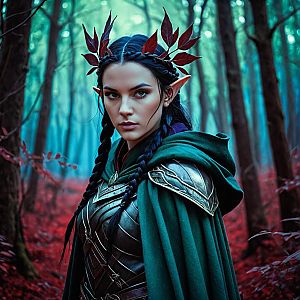 Fantasy Elf Warrior Woman in Enchanted Forest with Red Leaf Crown