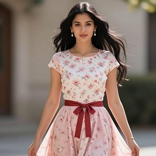 Woman in Floral Dress with Red Ribbon Belt Walking Outdoors