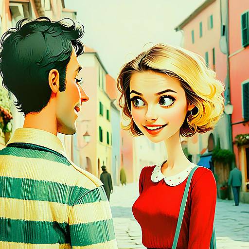 Charming Cartoon Couple on European Street