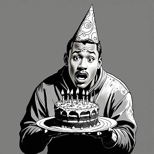 Black and White Comic Style Man Holding Birthday Cake with Party Hat