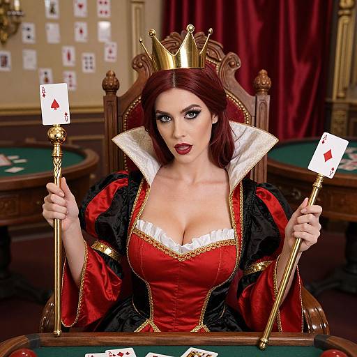 Elegant Queen Costume Woman Holding Ace Cards in Throne Room