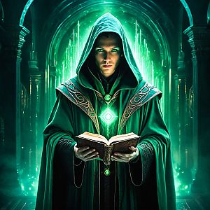 Mysterious Figure in Green Robe with Enchanting Glow