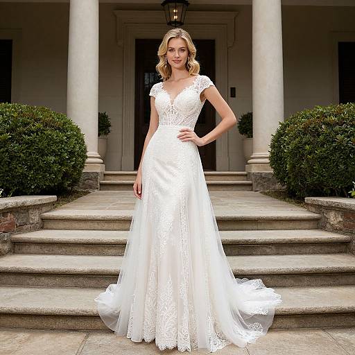 Elegant Lace Wedding Dress with Tulle Train on Woman