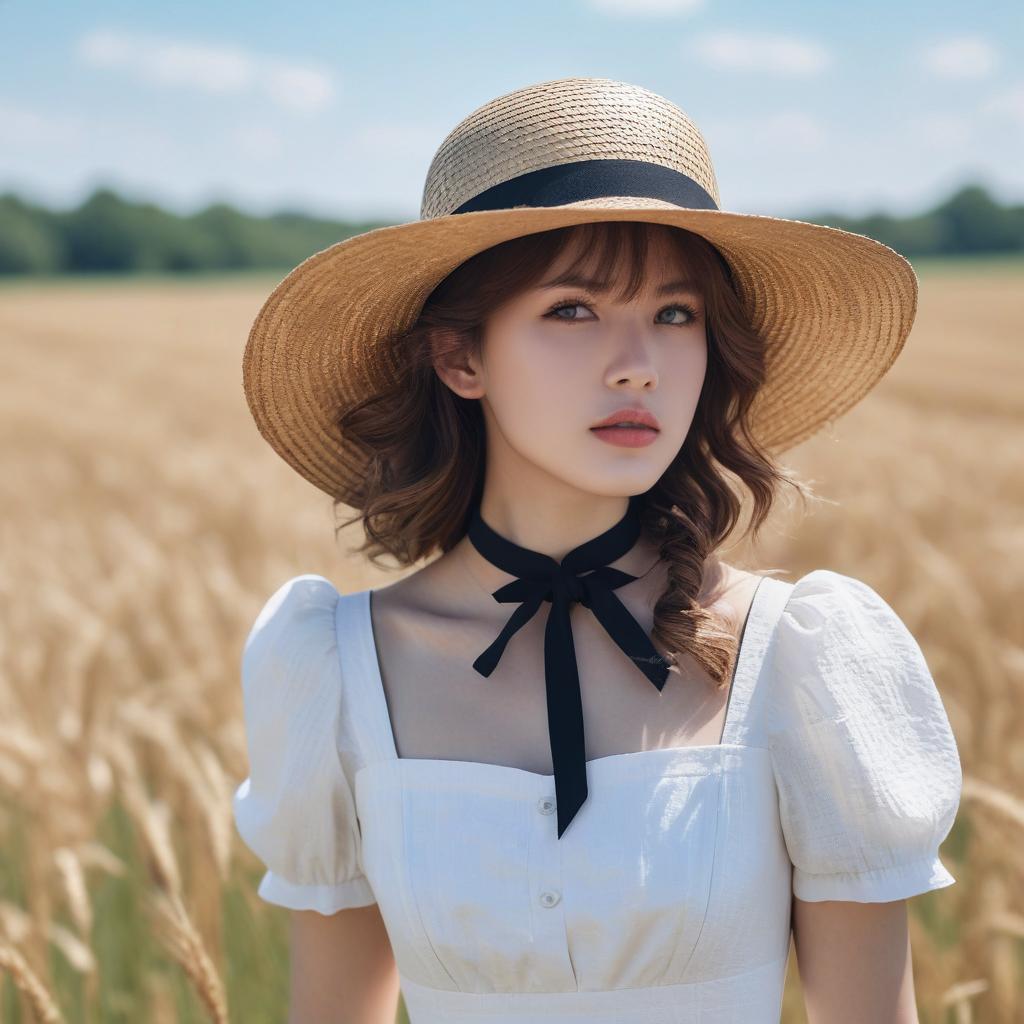 Young Woman in Straw Hat and White Dress in Wheat Field