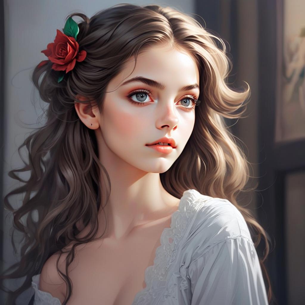 Digital Portrait of Woman with Rose in Hair in Soft Realistic Style