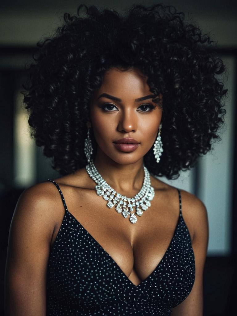 Curly Artificial Hairstyle Woman with Jewelry and Elegant Black Dress