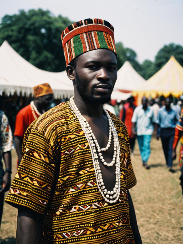 Man in African Outfit Wearing Traditional Festival Attire and Beaded Necklaces