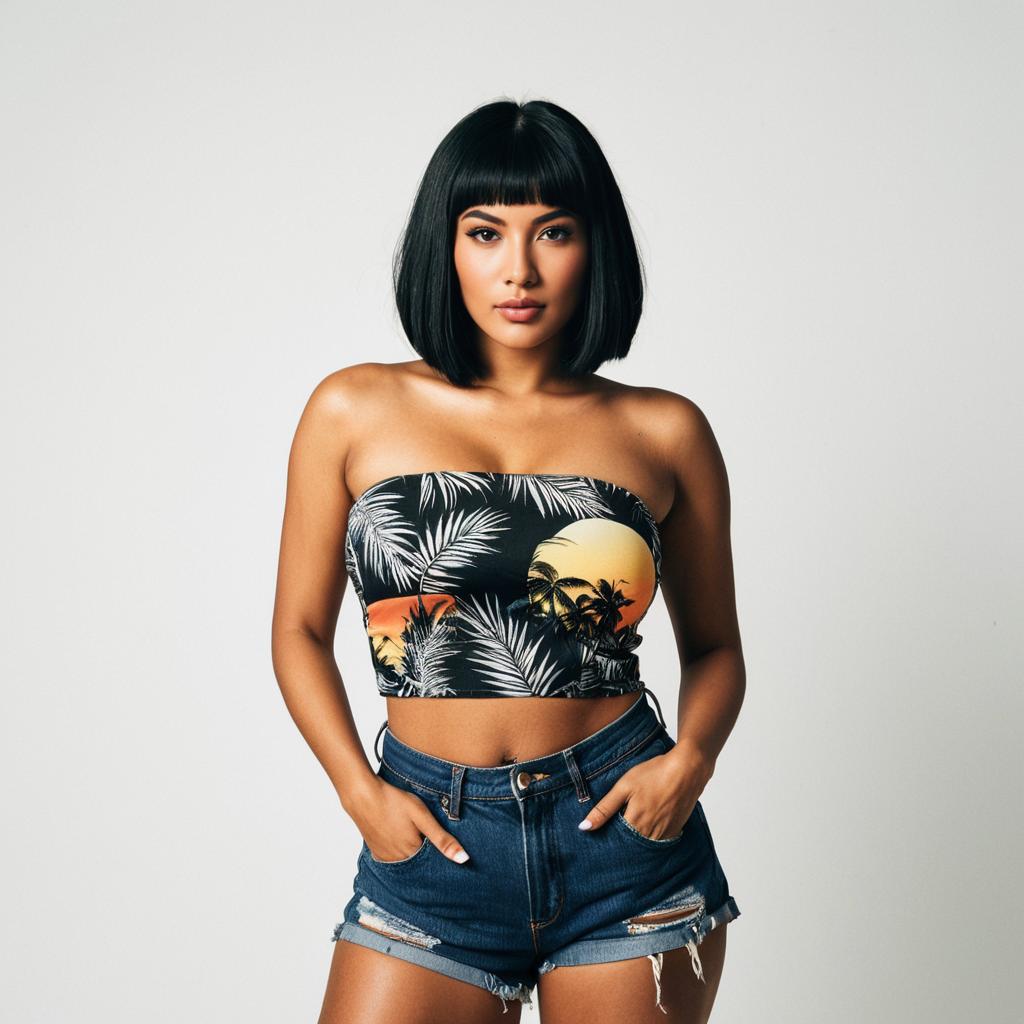 Stylish Woman in Tropical Tube Top and Denim Shorts