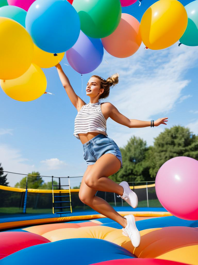 Young Woman Jumping on Inflatable Surface with Balloons