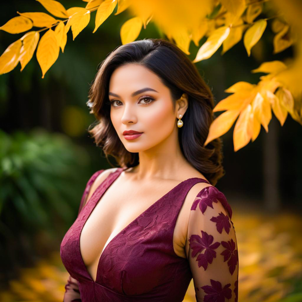 Woman in Burgundy Dress Among Autumn Foliage