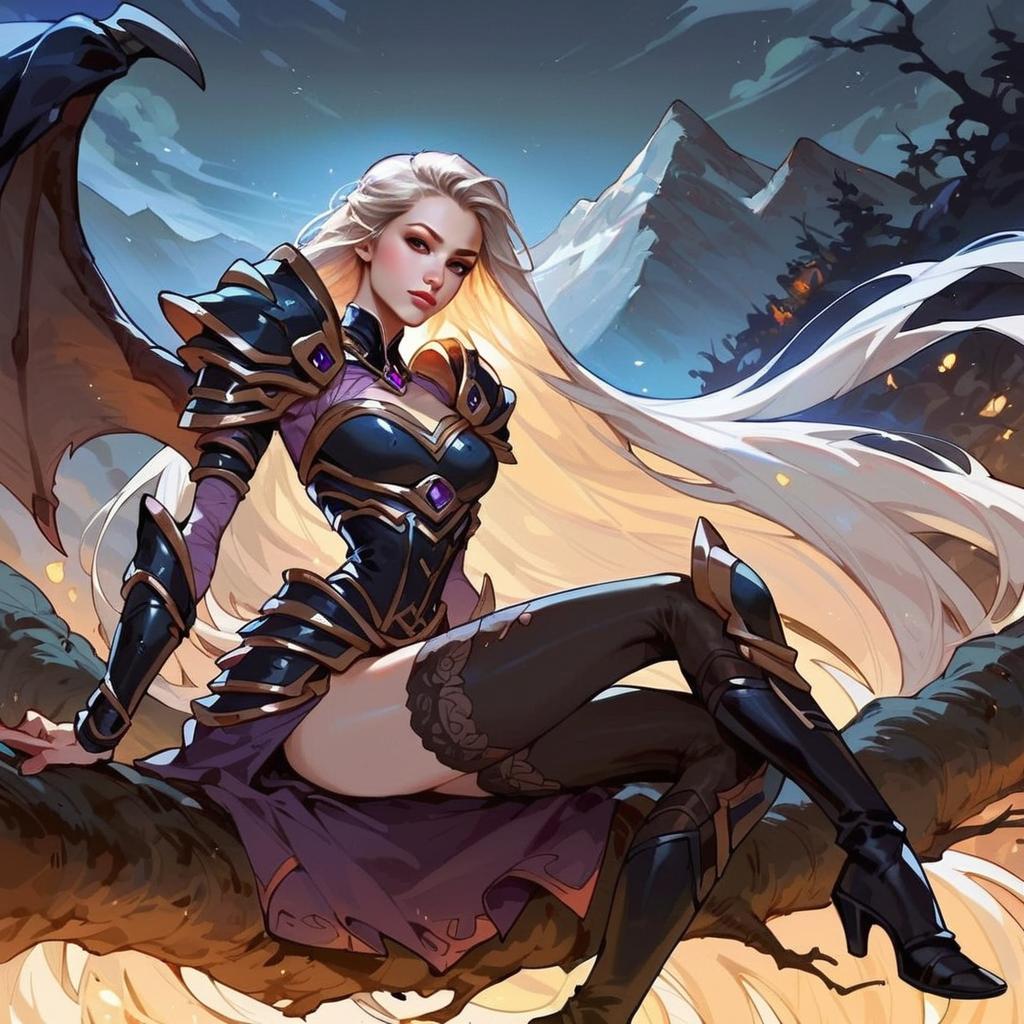 Fantasy Anime Woman Warrior in Armor Sitting on Tree Branch at Night