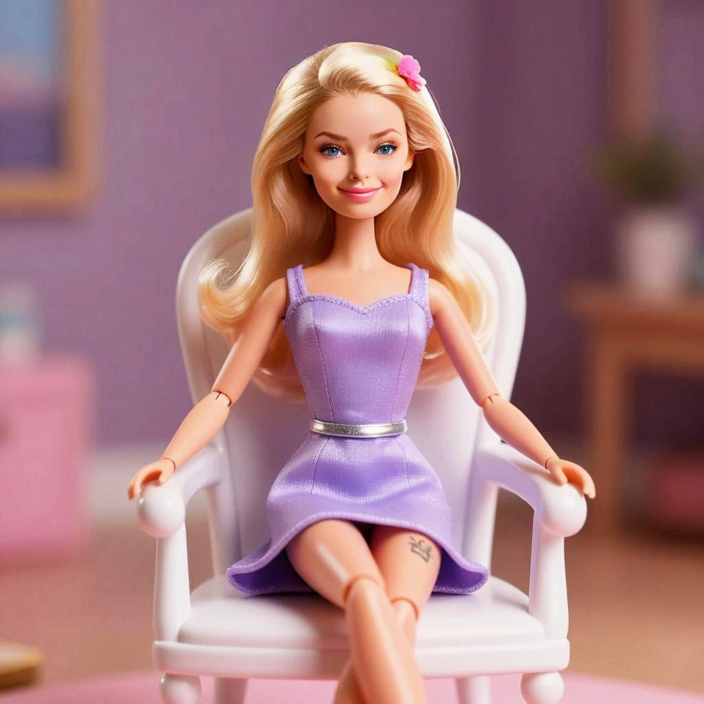 Stylish Blonde Woman Doll in Lavender Dress Sitting on White Chair