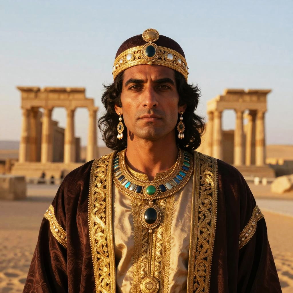 Man in Ancient Royal Costume with Jewelry at Historic Ruins