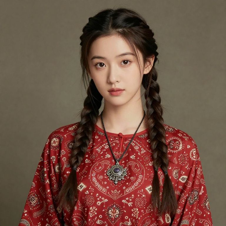 Young Woman in Red Patterned Blouse with Braided Hair and Pendant Necklace