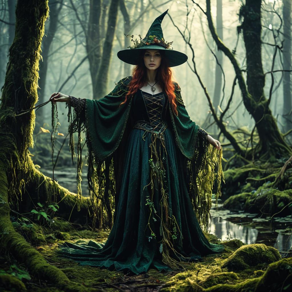 Enchanted Witch Woman in Mossy Forest Fantasy Scene
