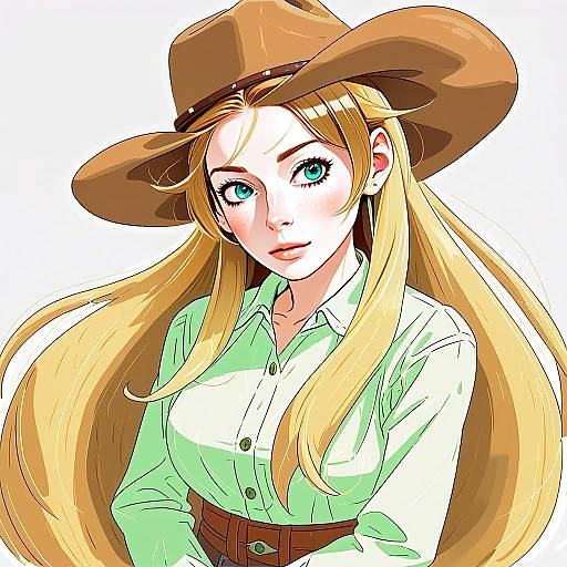 Anime Style Blonde Woman in Cowboy Hat and Green Shirt