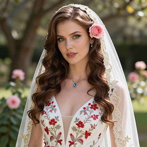 Bridal Portrait of Woman in White Embroidered Dress with Floral Veil and Pink Rose