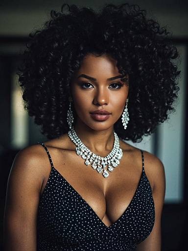 Curly Artificial Hairstyle Woman with Jewelry and Elegant Black Dress