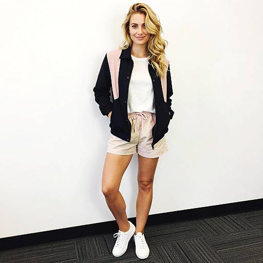 Casual Sporty Woman in Black and Pink Jacket with Beige Shorts
