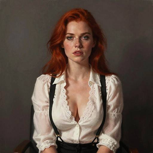 Red-Haired Woman in White Lace Blouse with Black Suspenders Portrait