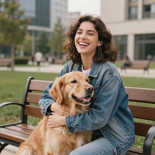 Happy Young Woman Hugging Golden Retriever Dog in Urban Park