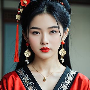 Woman in Traditional Korean Outfit with Embroidery