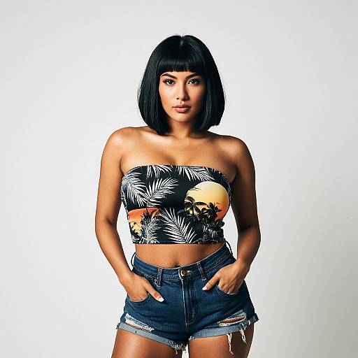 Stylish Woman in Tropical Tube Top and Denim Shorts