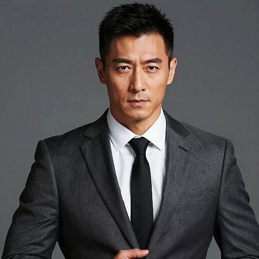 Confident Young Man in Dark Gray Business Suit and Black Tie