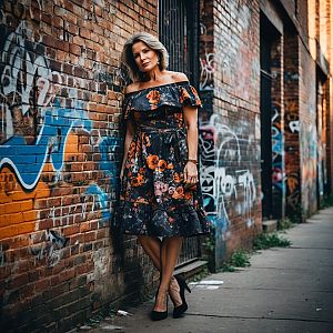 Confident Stylish Woman in Graffiti Alley